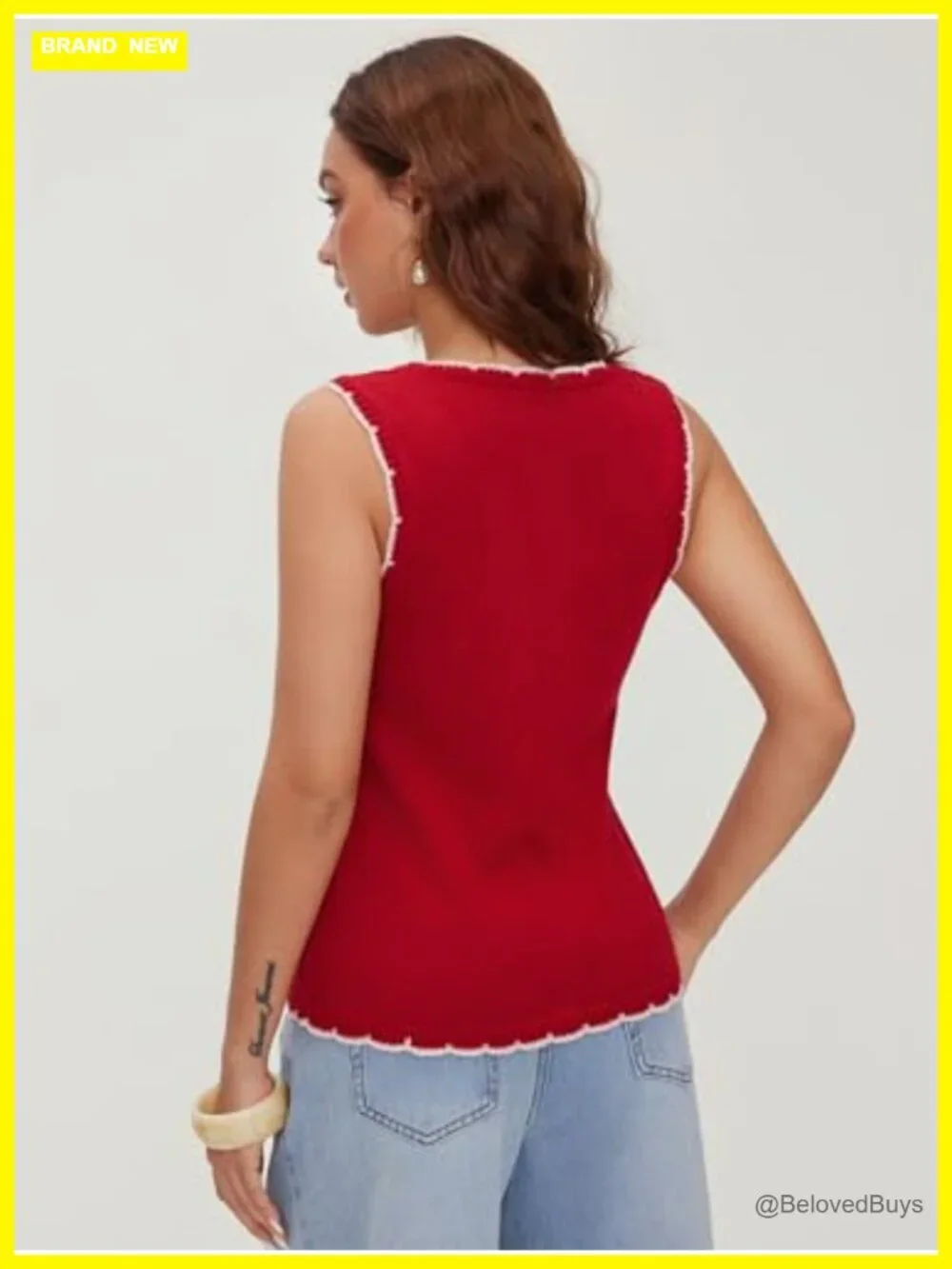 Crochet Knit Sleeveless Sweater Vest V-Neck Lace-Up Scalloped Trim Summer
